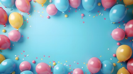 Festive Birthday Celebration Frame with Balloons and Confetti with pastel blue background