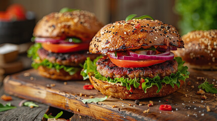 Natural Vegan Temptation: Appetizing Product Photography of Vegan Burgers with Plant-Based Wheat Patty on a Wooden Board Background - obrazy, fototapety, plakaty