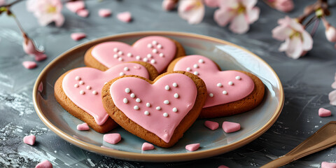 Heart-shaped gingerbread cookies, decorated with pink icing, surrounded by postcards and invitations, ideal for themed websites, recipe sites, and festive occasions.