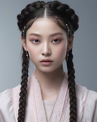 Portrait of beautiful asian, korean or japanese woman with two pigtails hair braids, in asian chinese korean japanese traditional costume