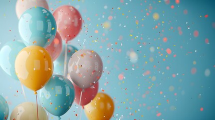 Festive Birthday Celebration Frame with Balloons and Confetti with pastel blue background