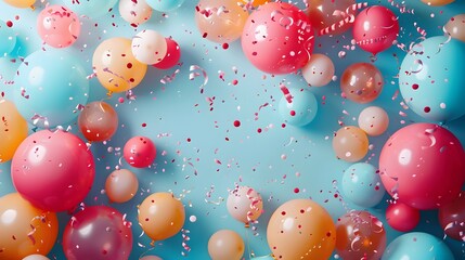 Festive Birthday Celebration Frame with Balloons and Confetti with pastel blue background