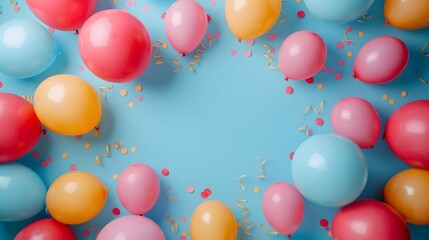 Festive Birthday Celebration Frame with Balloons and Confetti with pastel blue background