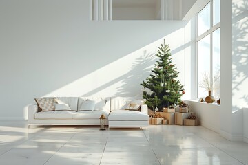 decorated christmas tree with toys in modern living room interior with sofa and gift boxes, home decoration