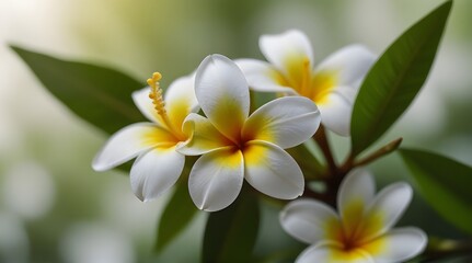 Fototapeta premium White Frangipani flower Plumeria alba with green leaves.generative.ai