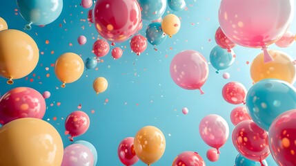 Festive Birthday Celebration Frame with Balloons and Confetti with pastel blue background