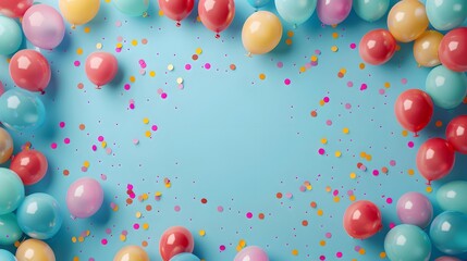 Festive Birthday Celebration Frame with Balloons and Confetti with pastel blue background