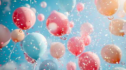 Festive Birthday Celebration Frame with Balloons and Confetti with pastel blue background