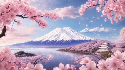 A photo of cherry blossoms and Mount Fuji in the background

