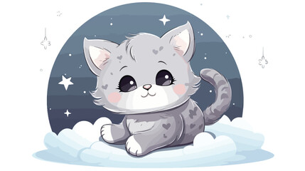 Cute cat is sitting on the moon. Animal cartoon concept