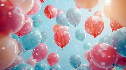 Festive Birthday Celebration Frame with Balloons and Confetti with pastel blue background