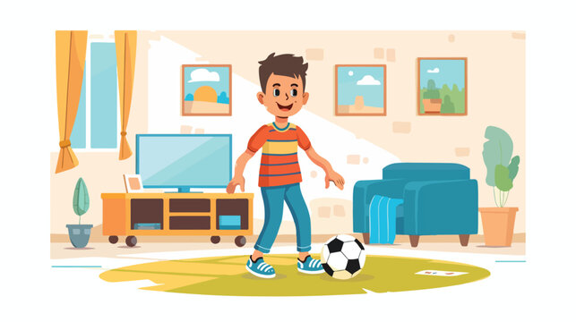 Small boy playing with a ball in a room. Modern flat