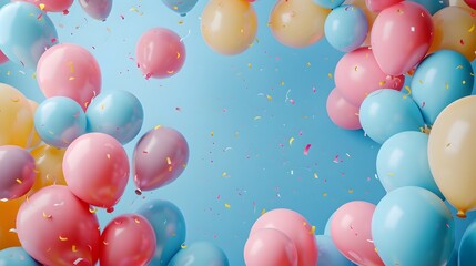 Festive Birthday Celebration Frame with Balloons and Confetti with pastel blue background