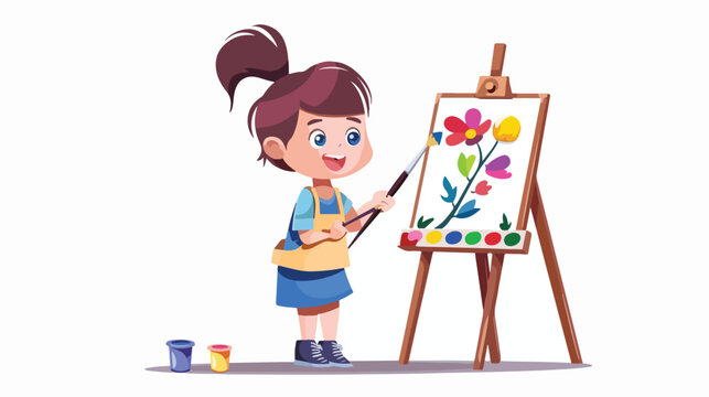 Small girl arts student kid painting flowers picture