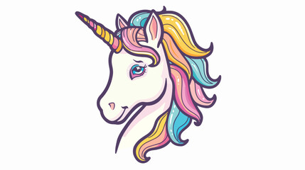 Cute colorful hand drawn smiling unicorn in profile white