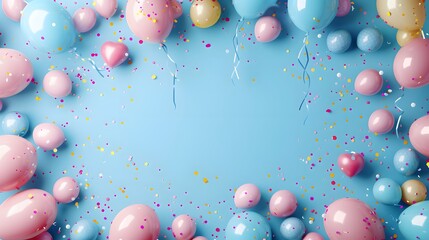 Festive Birthday Celebration Frame with Balloons and Confetti with pastel blue background