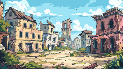 Fototapeta na wymiar Abandoned town, illustration, cartoon hand-drawing background