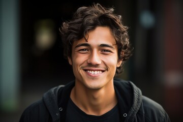 A young man with a black hoodie and a black shirt is smiling