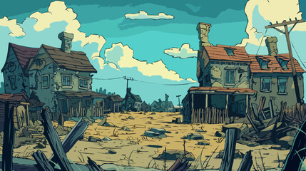 Abandoned town, illustration, cartoon hand-drawing background