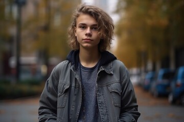 A young man with curly hair stands on a street wearing a gray jacket