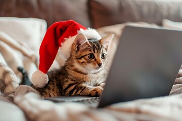 happy kitten in santa claus hat celebrating christmas holiday at home lifestyle looking at laptop, online shopping, internet and home technology