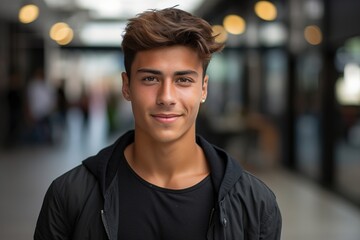 A young man with a black hoodie and a black shirt is smiling for the camera