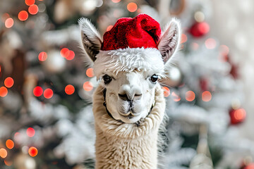 happy llama alpaca in santa claus hat celebrating christmas holiday at home lifestyle