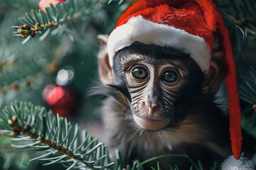 happy monkey in santa claus hat celebrating christmas holiday at home lifestyle