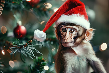 happy monkey in santa claus hat celebrating christmas holiday at home lifestyle