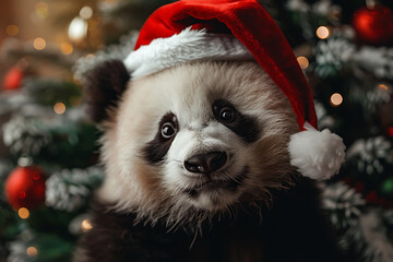 happy panda in santa claus hat celebrating christmas holiday at home lifestyle