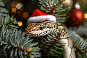 cool funny charming snake wearing santa hat celebrating christmas holiday indoor at home, festive greeting card