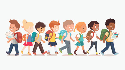 Fototapeta na wymiar Smiling kids school students walk together holding