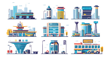 Infrastructure buildings flat icon set. Road and water