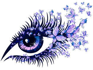 Beautiful female eye with purple butterflies in eyelashes. Woman eye Fashion illustration  for beauty salon sign, makeup artist logo design, greeting cards, trendy poster and more