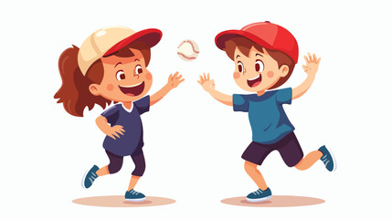 Fototapeta na wymiar Smiling preschool boy girl kids playing with baseball