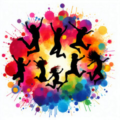 jumping or dancing silhouettes in splashing colorful background
- 785029020