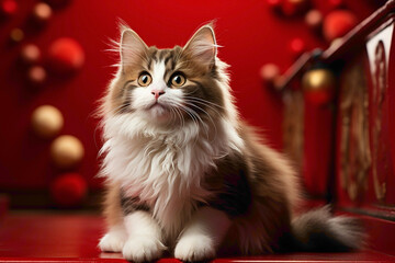 An endearing brown and white cat with a heart-melting expression, sitting against a vibrant red background, creating a delightful contrast. - obrazy, fototapety, plakaty