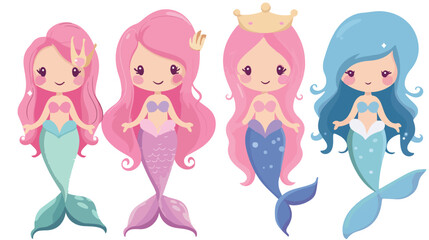 Cute happy mermaids with pink hair and blue tail wear