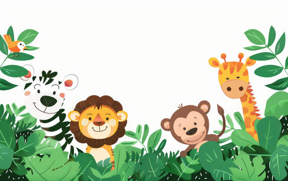 Cute jungle animals peeking out from behind foliage, vector flat icon illustration with white background, lion zebra giraffe monkey tiger and parrot, simple design