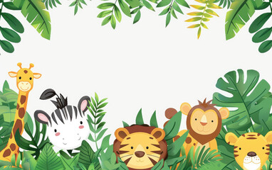 Fototapeta premium Cute jungle animals peeking out from behind foliage, vector flat icon illustration with white background, lion zebra giraffe monkey tiger and parrot, simple design