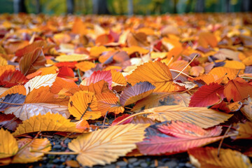 Autumn Splendor: Colorful Fallen Leaves Scattered in a Park—A Beautiful Display of Seasonal Change