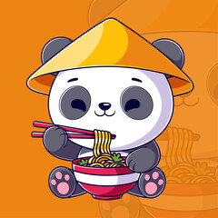 Cute panda sits and eats ramen using chopsticks