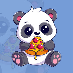 Cute panda sitting and eating pizza