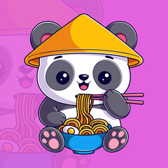 Cute panda sitting eating ramen