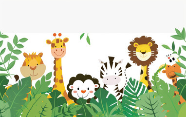 Obraz na płótnie Canvas Cute jungle animals peeking out from behind foliage, vector flat icon illustration with white background, lion zebra giraffe monkey tiger and parrot, simple design