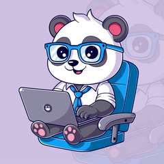 Cute panda sitting on a chair while playing on a laptop