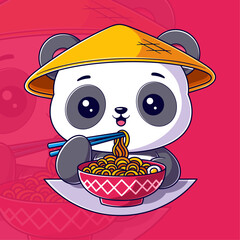 Cute pandas eat red bowl ramen