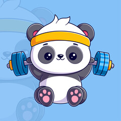 Cute panda sitting wearing a headband and lifting weights