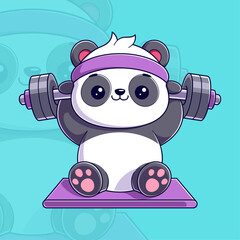 Cute pandas sit on a mat doing weightlifting