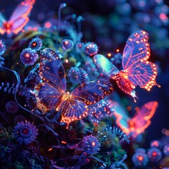 Obraz na płótnie Canvas Captivating Neon Butterflies Amid Microscopic Wonders in a Vibrant Fantastical Landscape